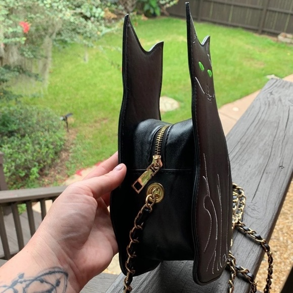 Black cat kitty crossbody purse gold chain kitten - Picture 5 of 13
